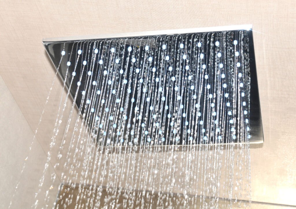 A Ceiling-mounted Showerhead in Bathroom