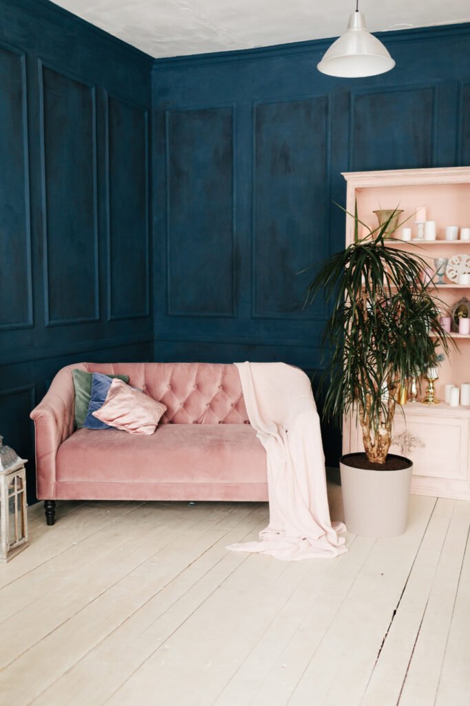 Light Pink Furniture with Dark Blue Walls