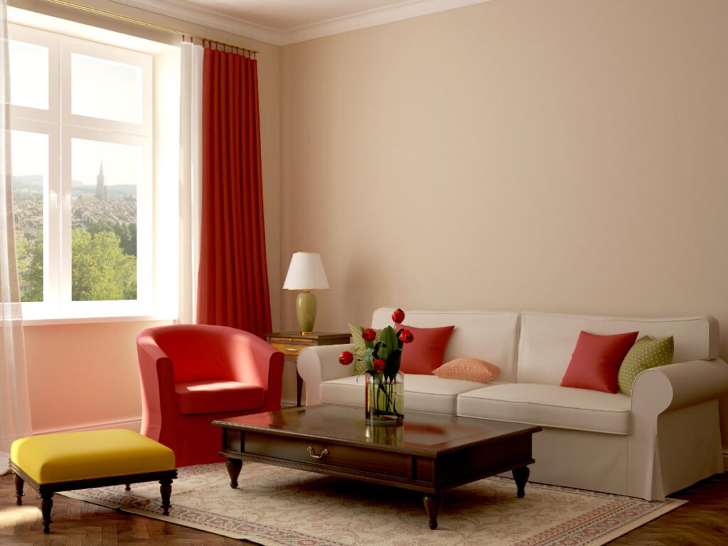 Red and Cream Furniture with Warm Beige Walls