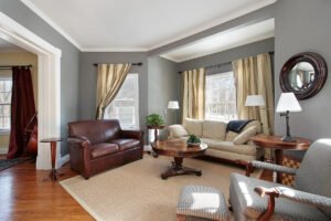 Room with Gray Walls and Leather Furniture