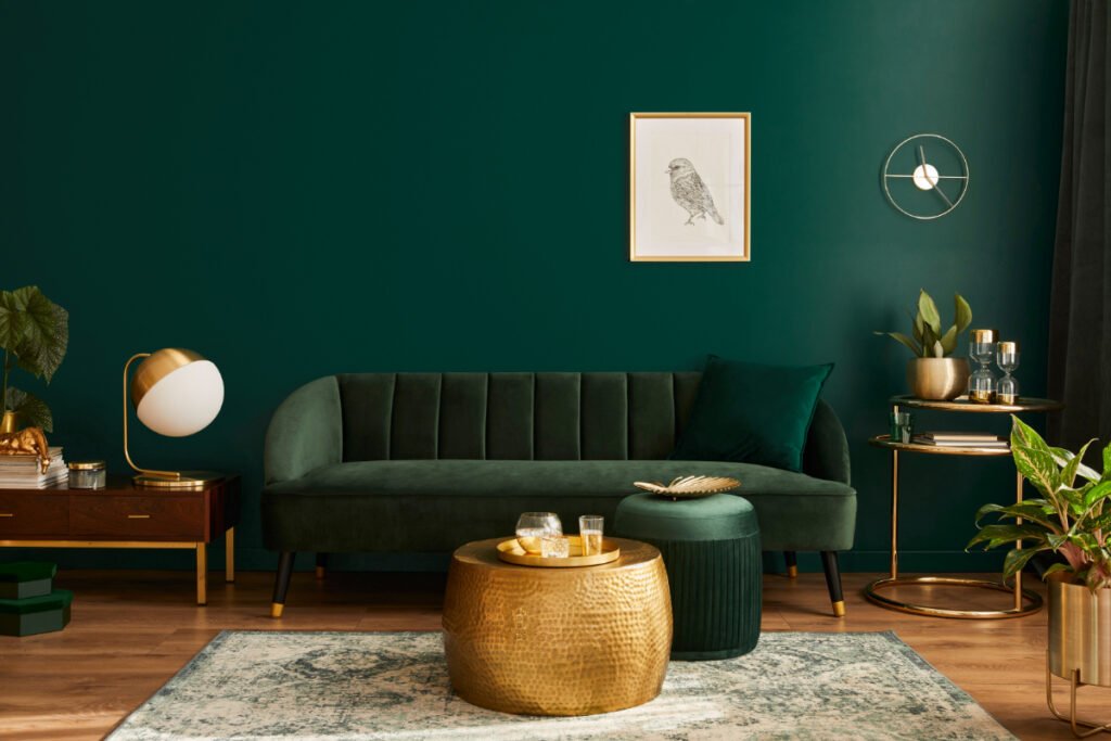 Dark Green Sofas and Wood Tables