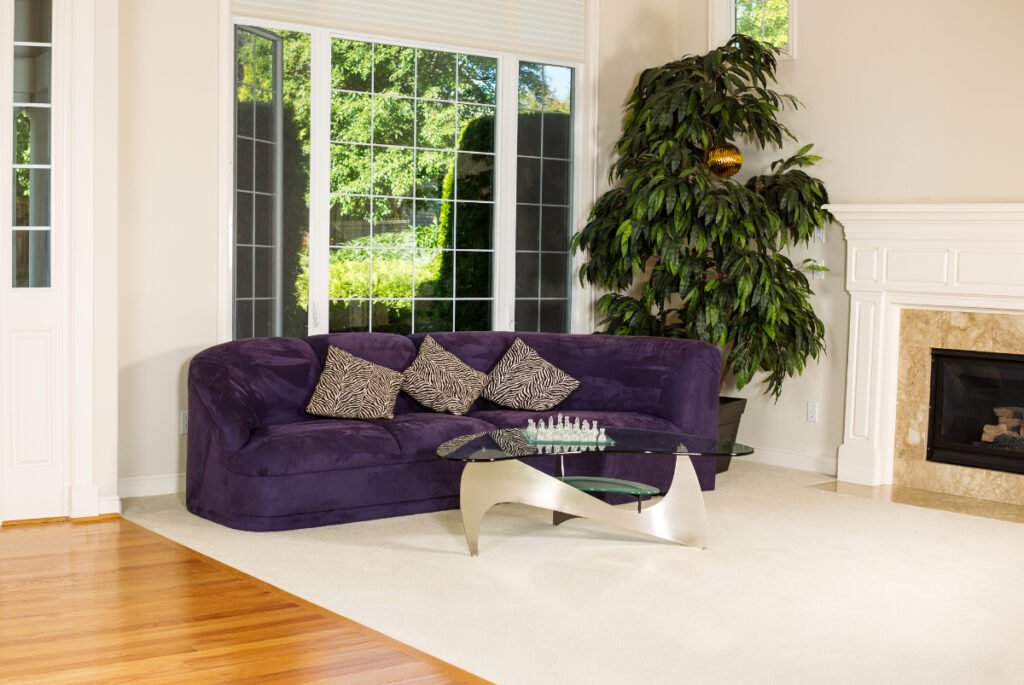 Purple Couch with Honey Oak Floors