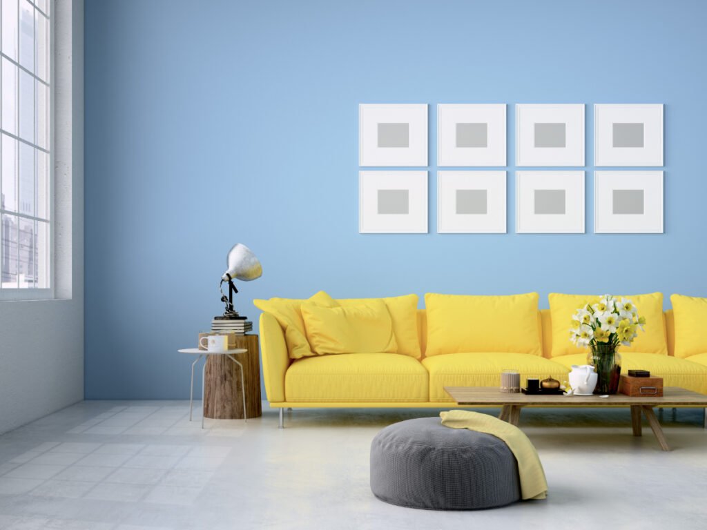 Yellow Accent Sofa with Light Blue Walls