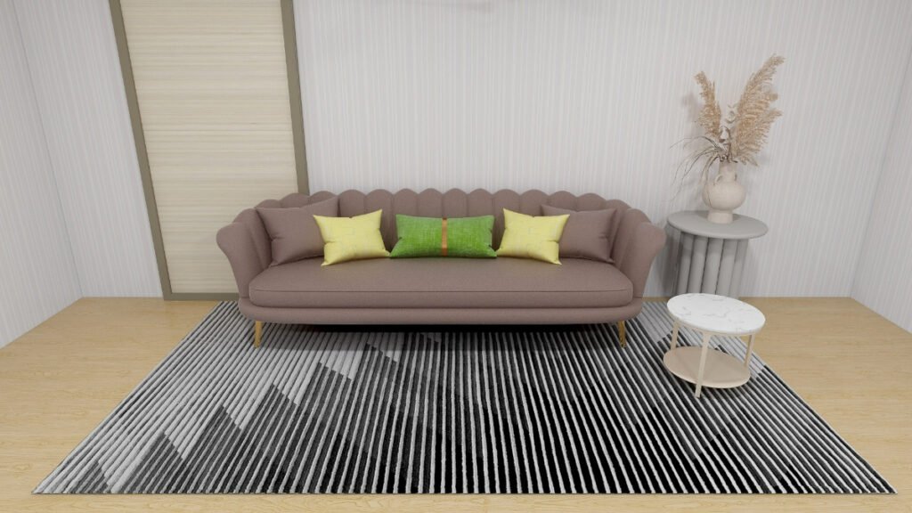 Abstract Gray Rug with Brown Sofa