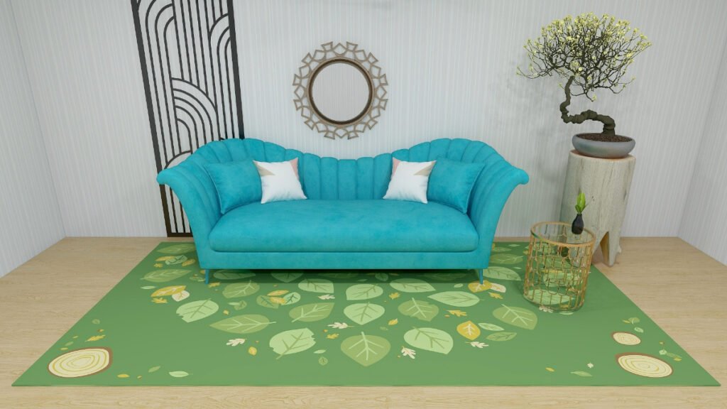 Abstract Green Rug with Teal Couch