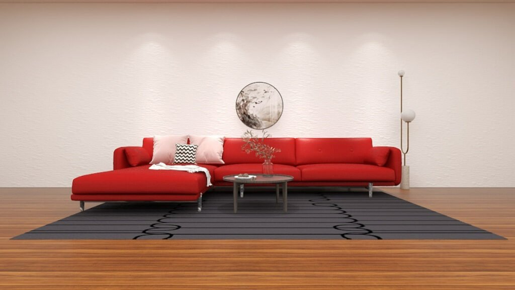 Black Carpet Under a Red Sofa