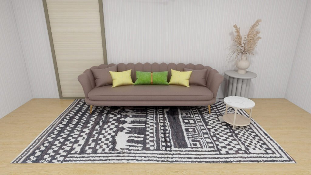 Black Moroccan Rug with Brown Sofa