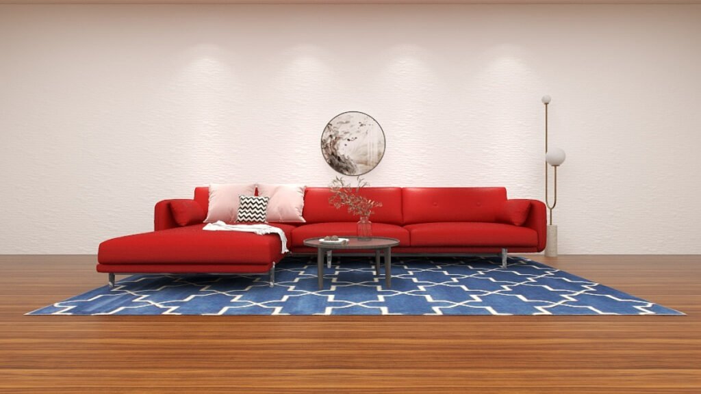 Blue Lattice Rug with Red Couch