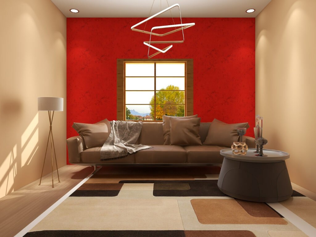 Bright Red Accent Wall With Tan Decor