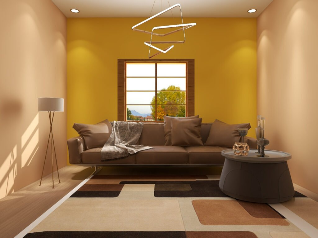 Bright Yellow Accent Wall against Tan Furniture