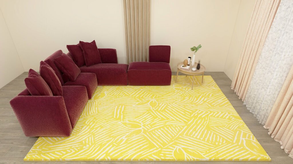 Bright Yellow Patterned Carpet with Burgundy Sofa
