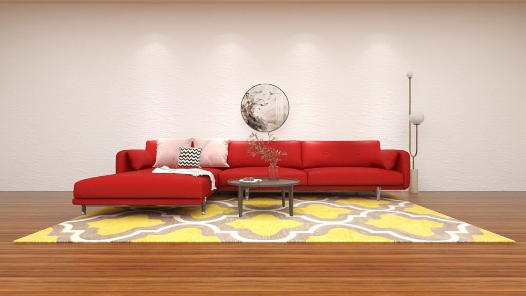 Bright Yellow Trellis Rug with a Red Sofa