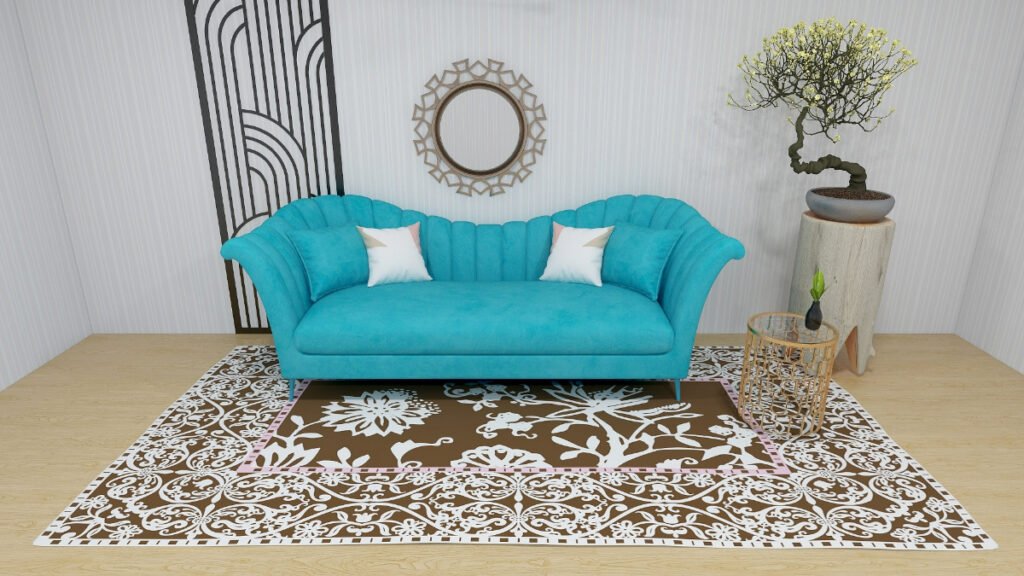 Brown Cottage style Rug with Teal Sofa