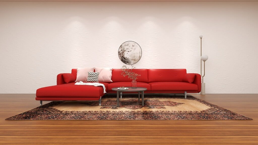 Brown Persian Carpet with a Red Couch