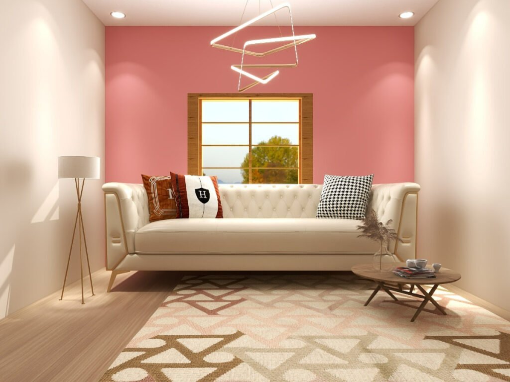 Coral Colored Accent Wall with Beige