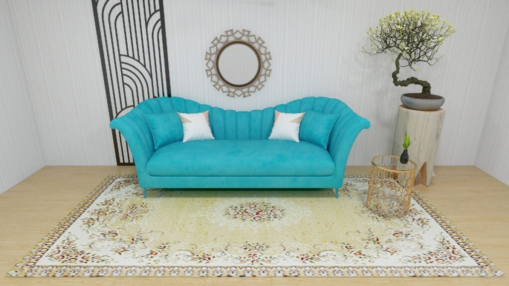 Cream Persian Rug with Teal Sofa