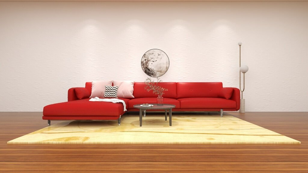 Cream colored Rugs against a Red Couch