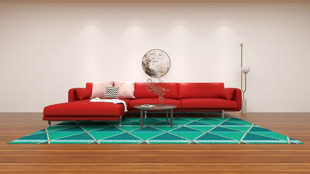 Dark Green Rugs under a Red Sofa