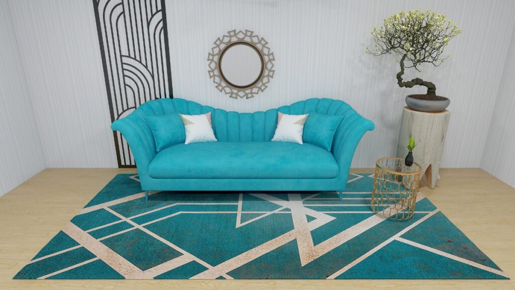 Dark Teal Rug with Teal Sofa