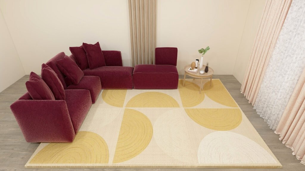 Distressed Beige Rug for a Burgundy Couch