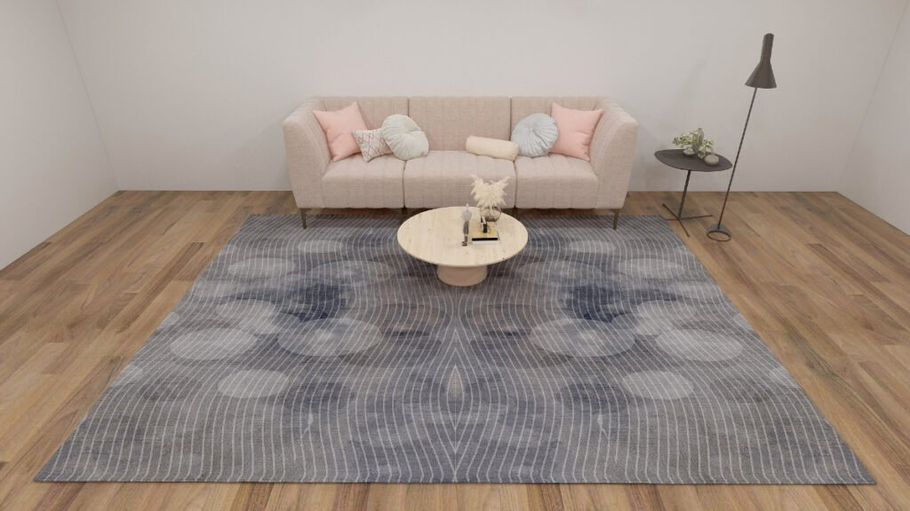 Distressed Gray Rug Infront of a Beige Couch