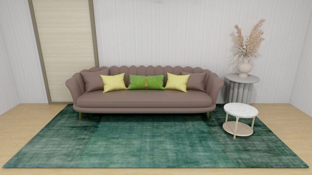 Distressed Green Rug with Brown Sofa