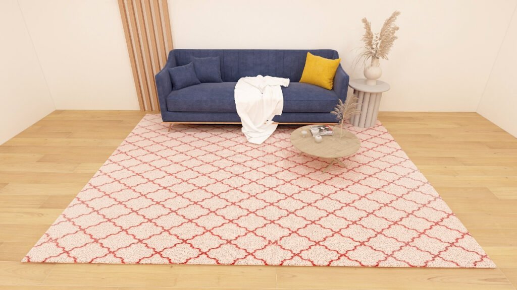 Dusty Pink Patterned Rug with Blue Sofa