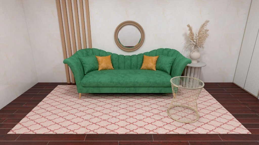 Dusty Pink Rug with Bright Green Sofa