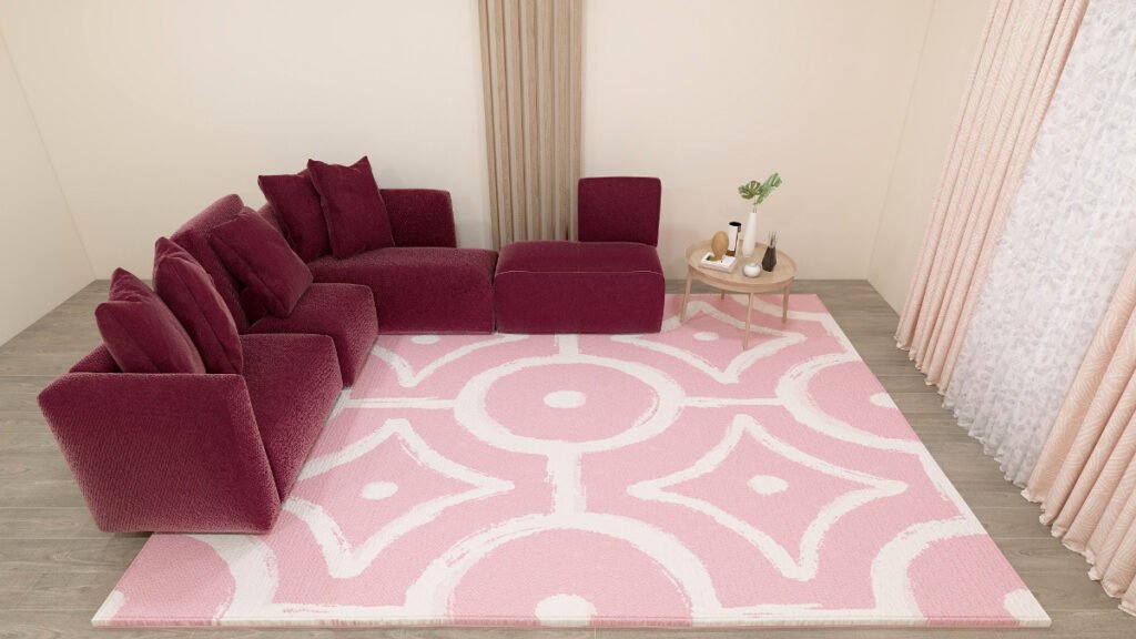 Dusty Pink Rug with Burgundy Sofa