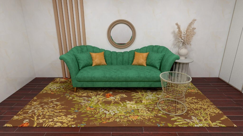Floral Brown Rug under a Green Sofa