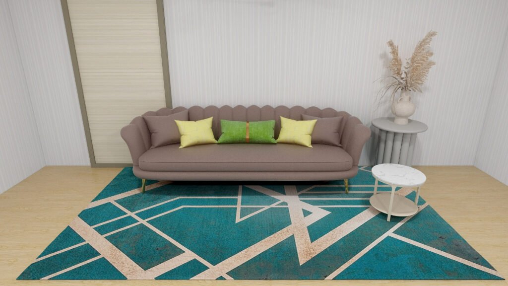 Geometric Teal Rug with Brown Sofa