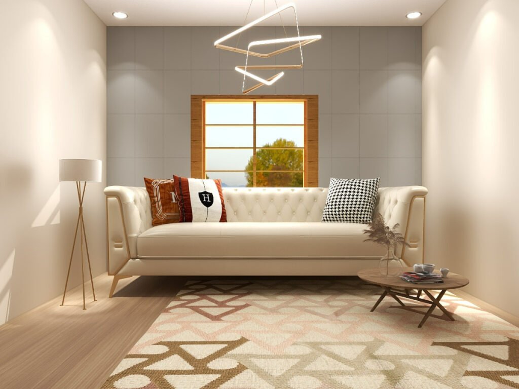 Gray Grid Panel Accent Walls in a Beige Room