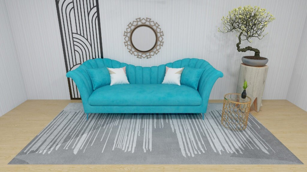 Gray Textured Rug with Teal Sofa