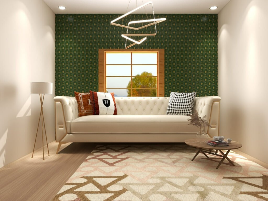 Green and Golden Patterns on the Accent wall with Beige