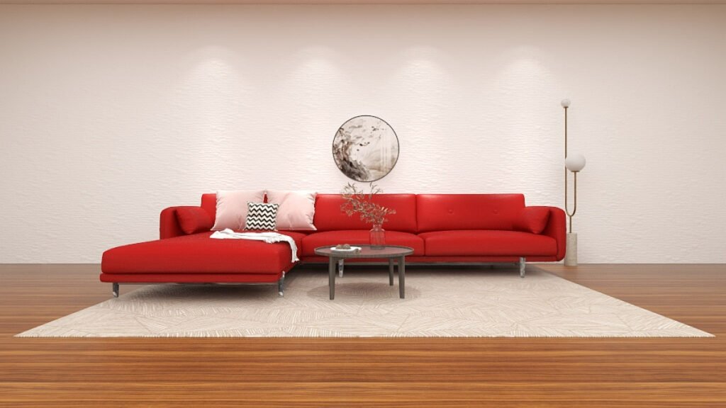 Greige Rug with a Bright Red Sofa