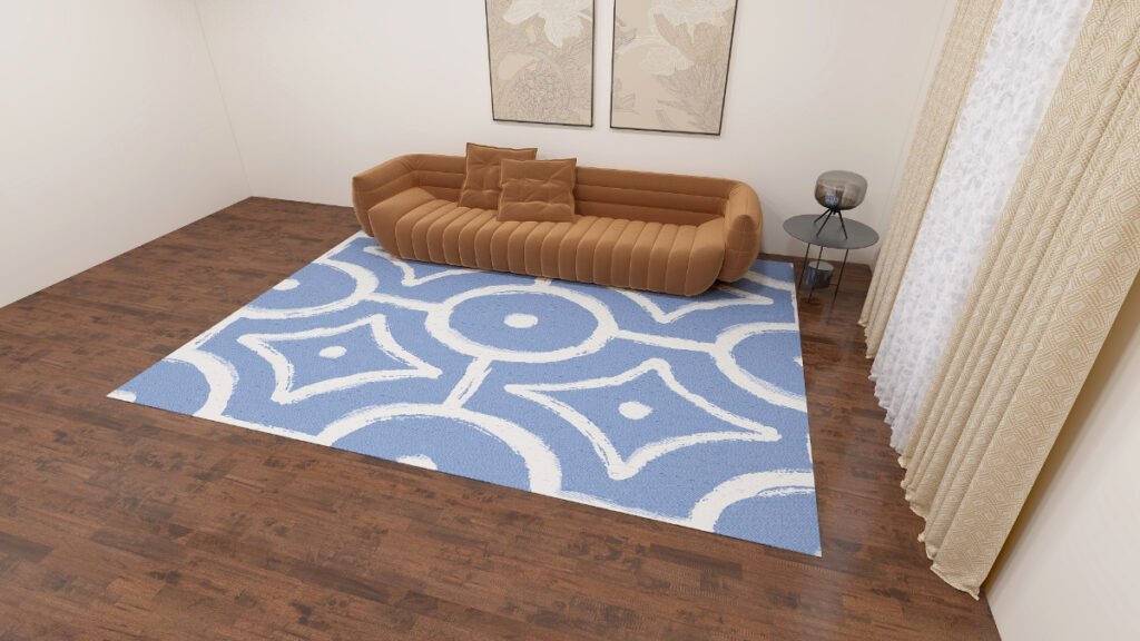 Light Blue Trellis rugs against Dark Wood Floors