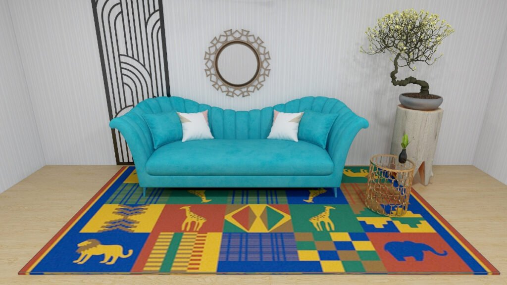 Multicolored Carpet with Teal Couch