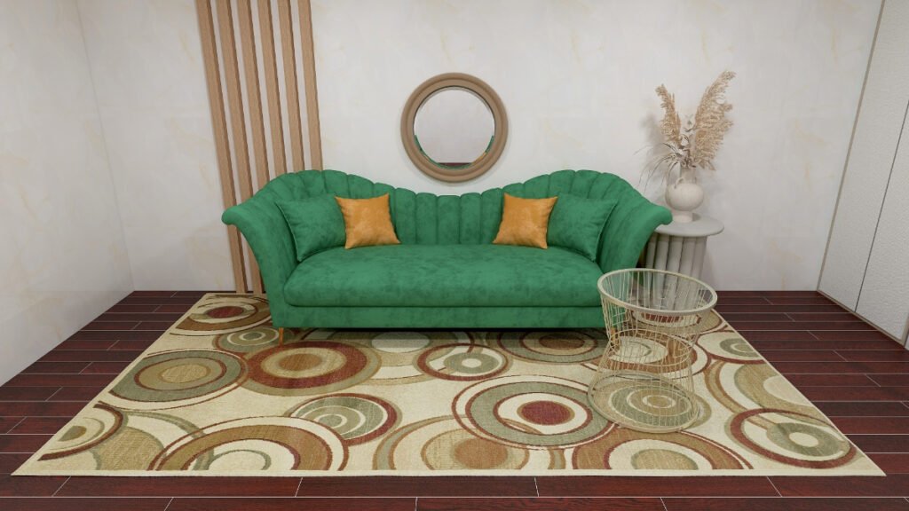 Patterned Beige Rug with a Green Couch