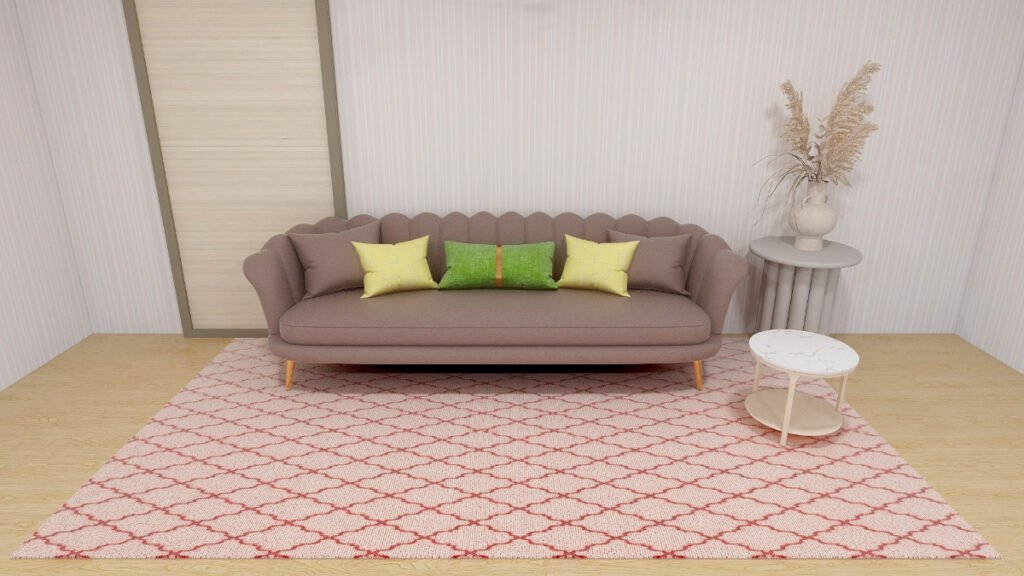 Peach Patterned Rug with Brown Couch