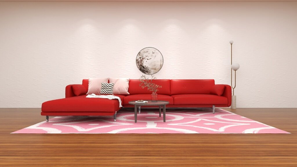 Pink patterned rugs with a Red Couch