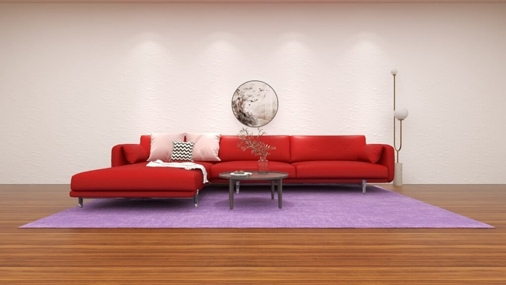 Purple rug with Red Couch