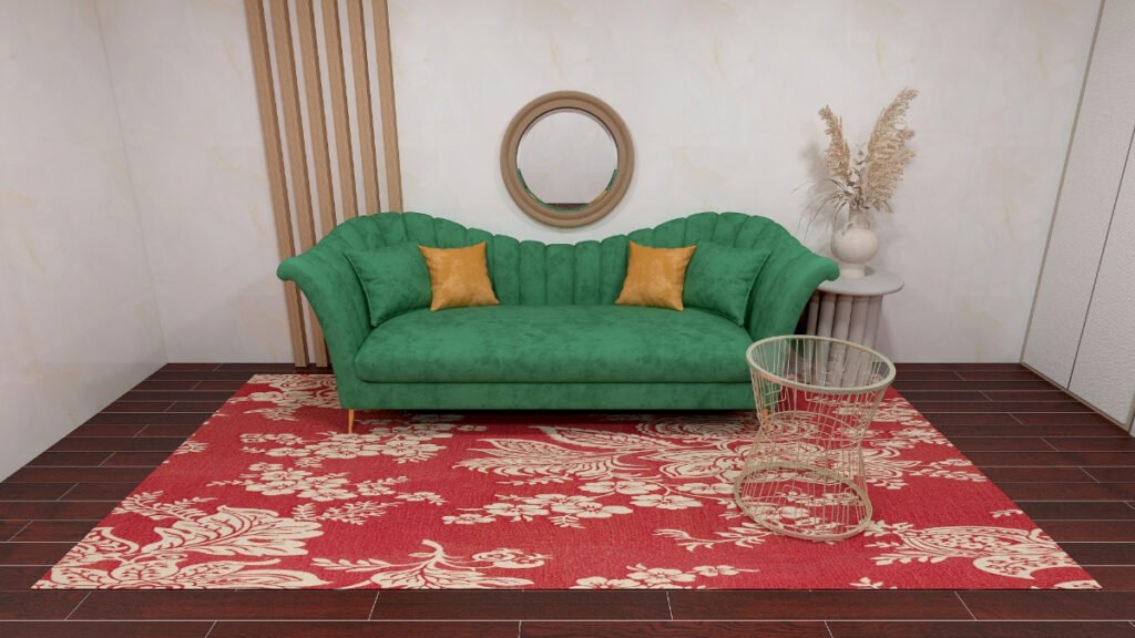 Red Medallion Carpet with a Green Sofa