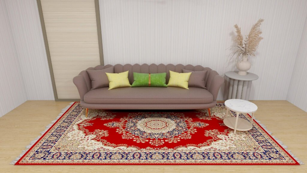 Red Persian Rug with Brown Sofa