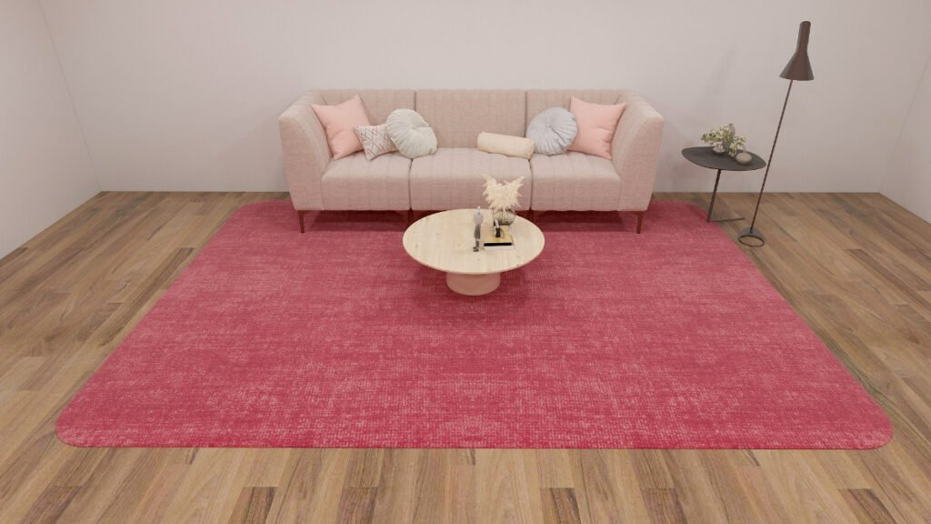Red Textured Rug with Beige Couch