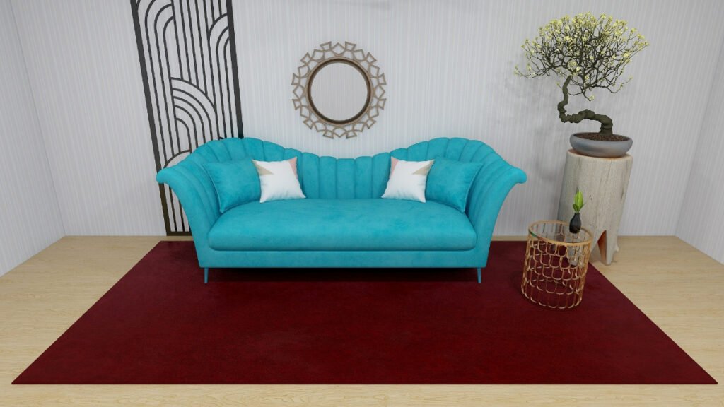 Solid Colored Maroon rug with Teal Sofa