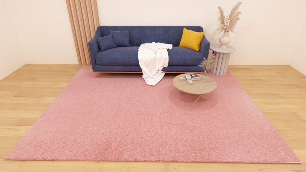 Solid Colored Peach Rug with Blue Sofa