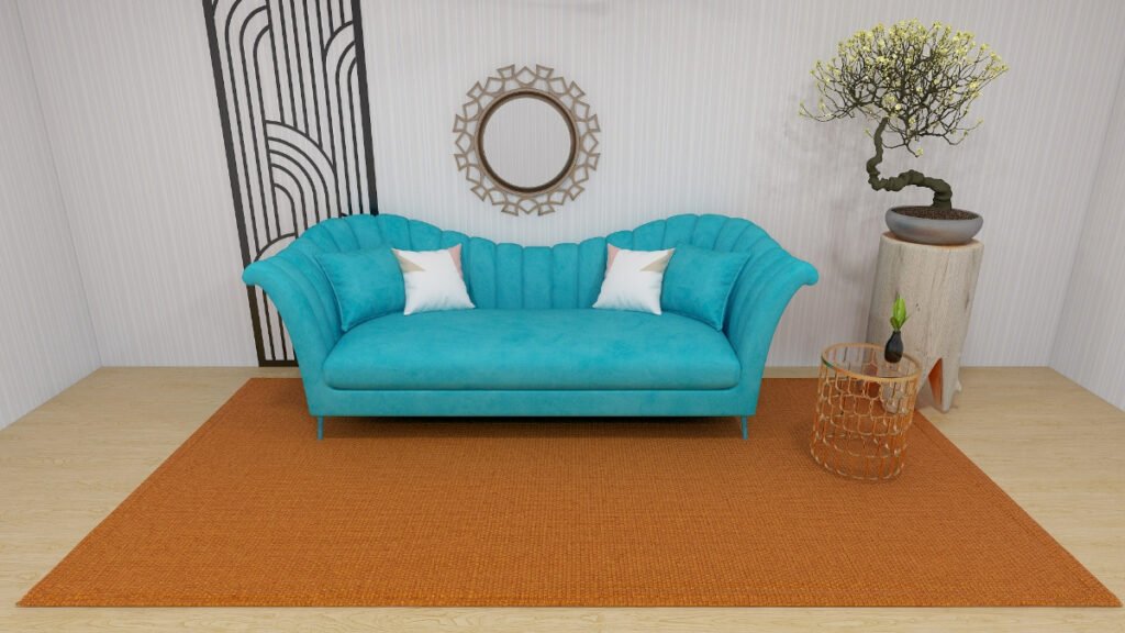 Solid Orange Colored Rug with Teal Sofa