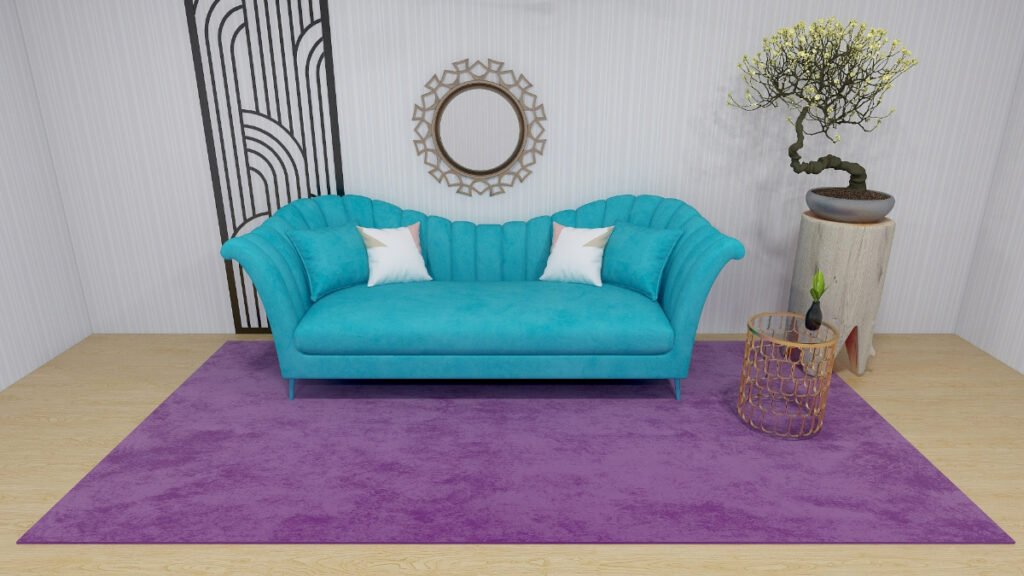 Solid Purple Rug with Teal Sofa