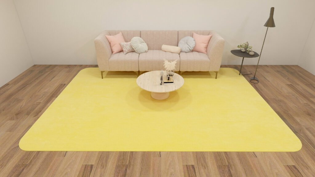 Solid Yellow colored Carpet with Beige Couch