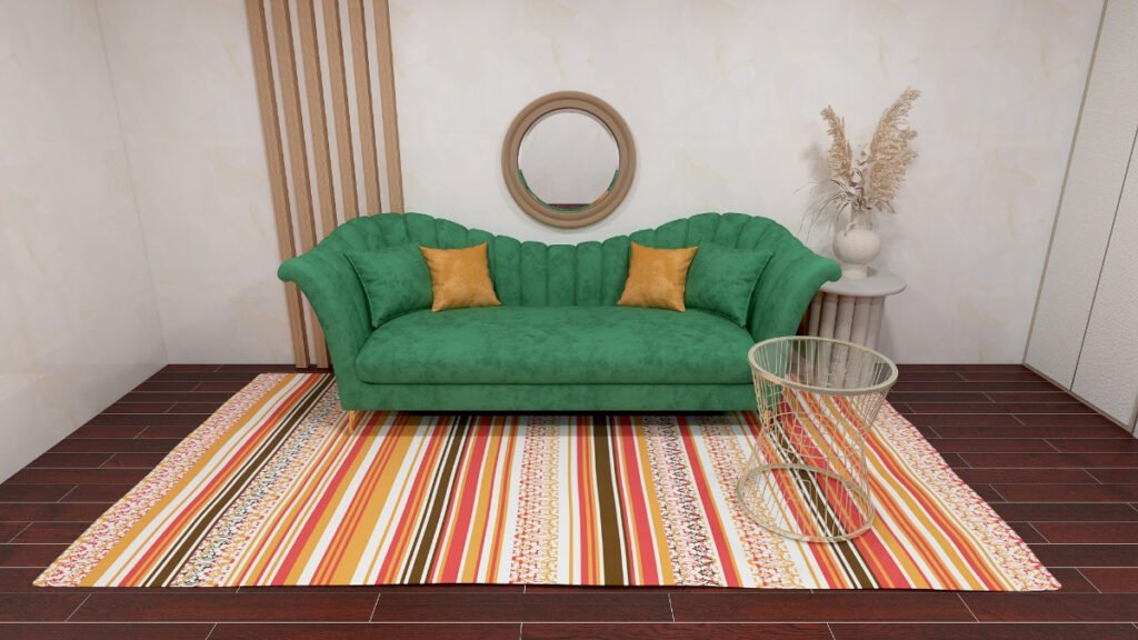 Striped Orange Rug with a Green Couch